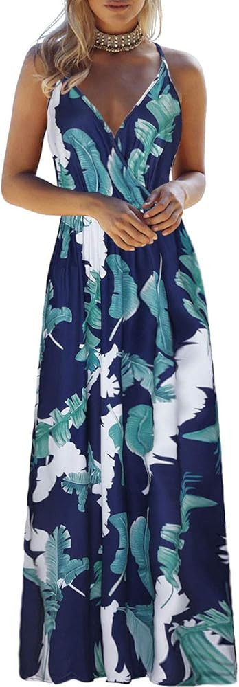 OUGES Womens Summer Deep V Neck Floral Adjustable Spaghetti Strap Beach Maxi Dress | Amazon (US)