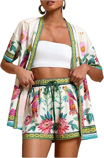 MakeMeChic Women's Tropical Beach Vacation Outfits Summer Two Piece Sets Boho Floral Kimono Tops ... | Amazon (US)