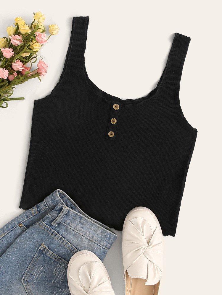 Buttoned Front Lettuce Trim Tank Top | SHEIN