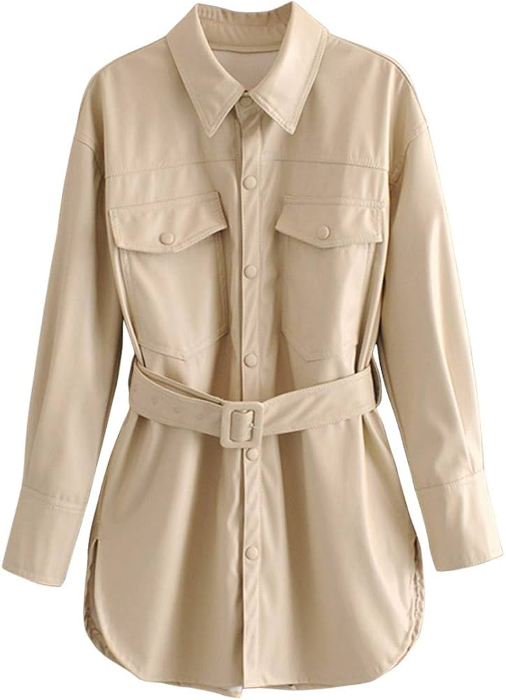 chouyatou Women's Cool Elegant Mid-Length Belted Faux Leather Shirt Jacket Shacket | Amazon (US)