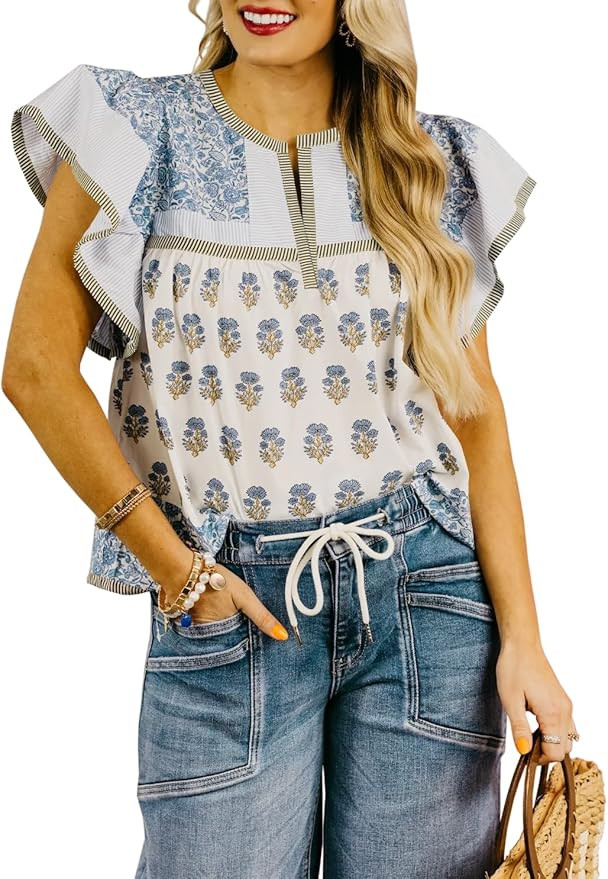 Womens Summer Floral Boho Tops Flutter Short Sleeve V Neck Patchwork Y2K Peplum Babydoll Blouse S... | Amazon (US)