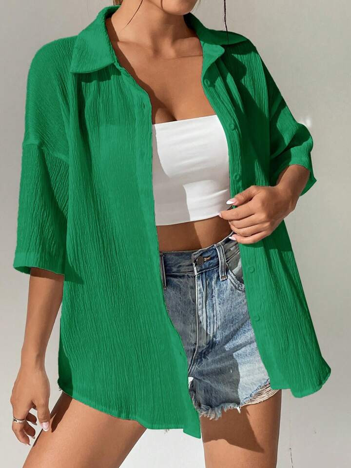 SHEIN EZwear Solid Drop Shoulder Button Front Shirt | SHEIN