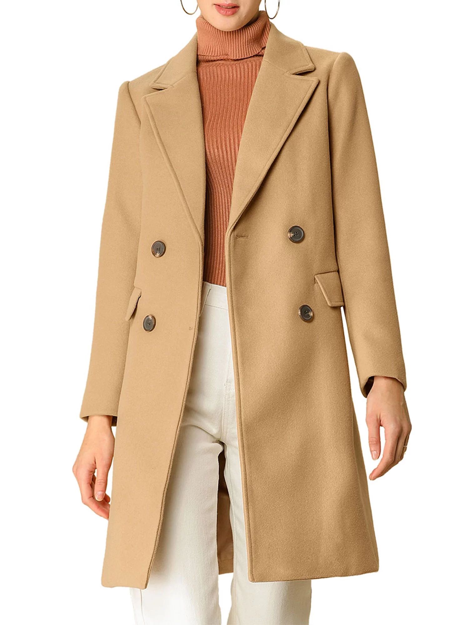 Allegra K Women's Notch Lapel Double Breasted Belted Long Trenchcoat | Walmart (US)