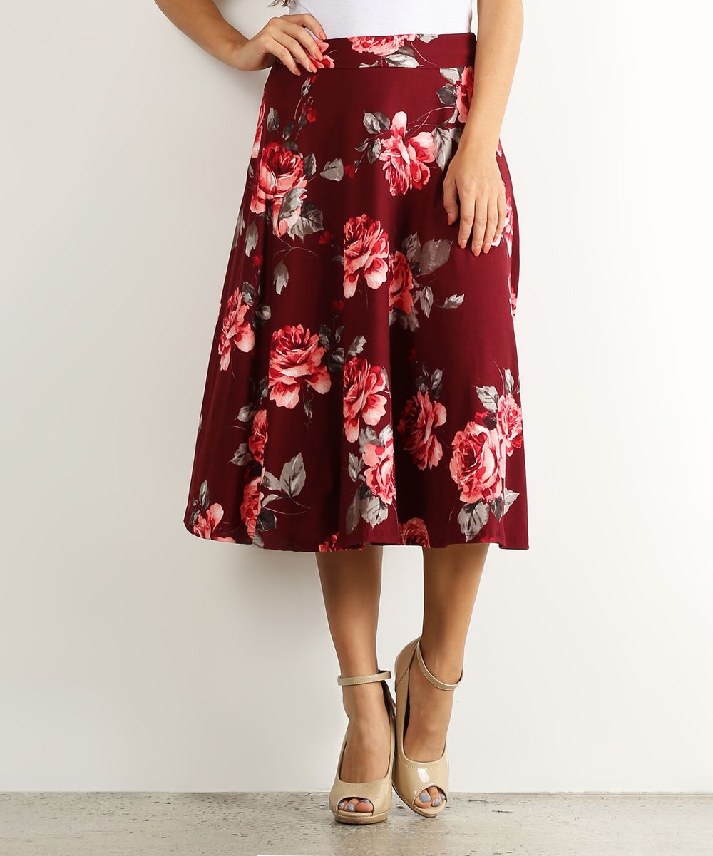 Pretty Young Thing Women's Casual Skirts BURGUNDY - Burgundy & Red Floral Midi Skirt - Women | Zulily