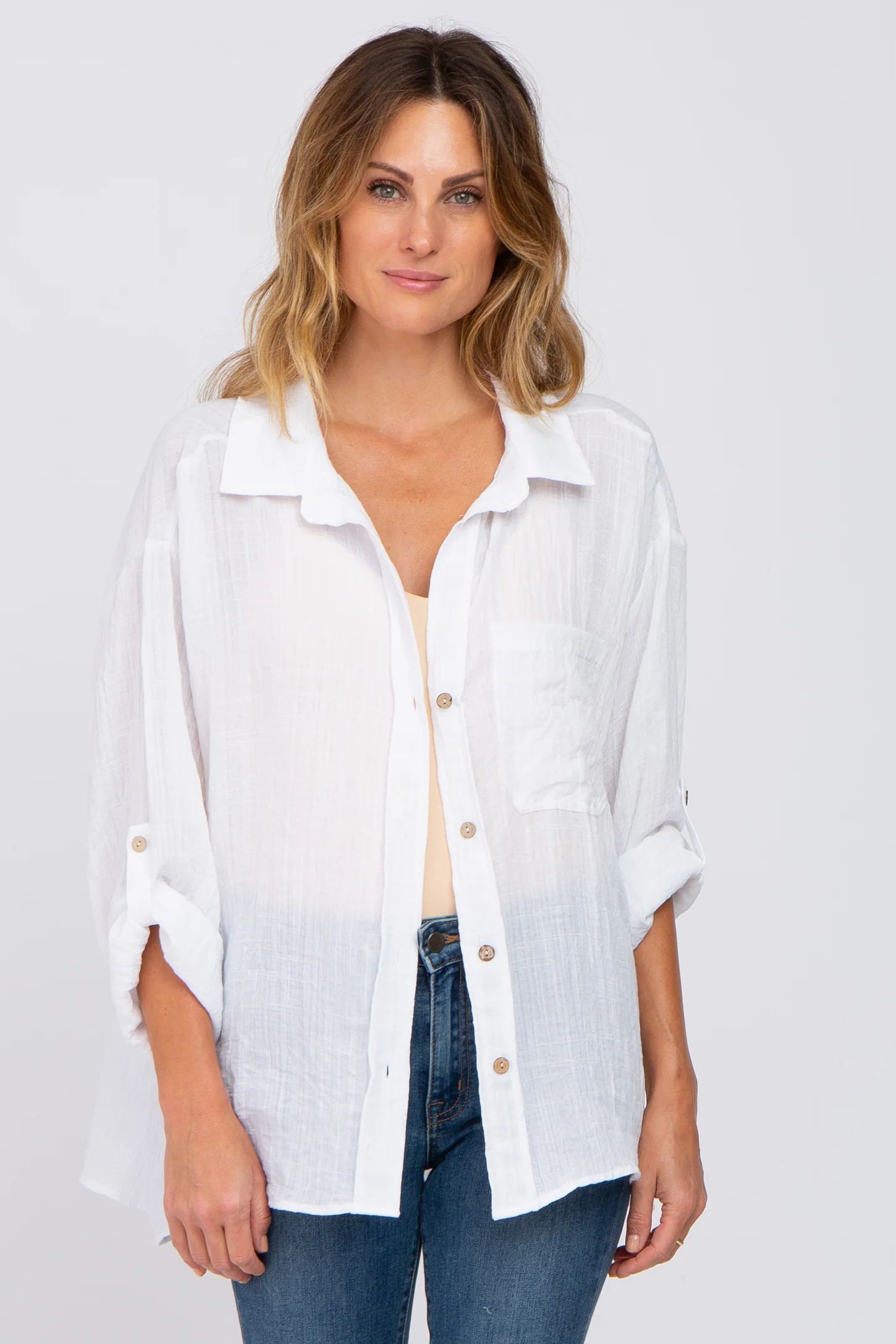 White Rolled Cuff Button Down Blouse | PinkBlush Maternity