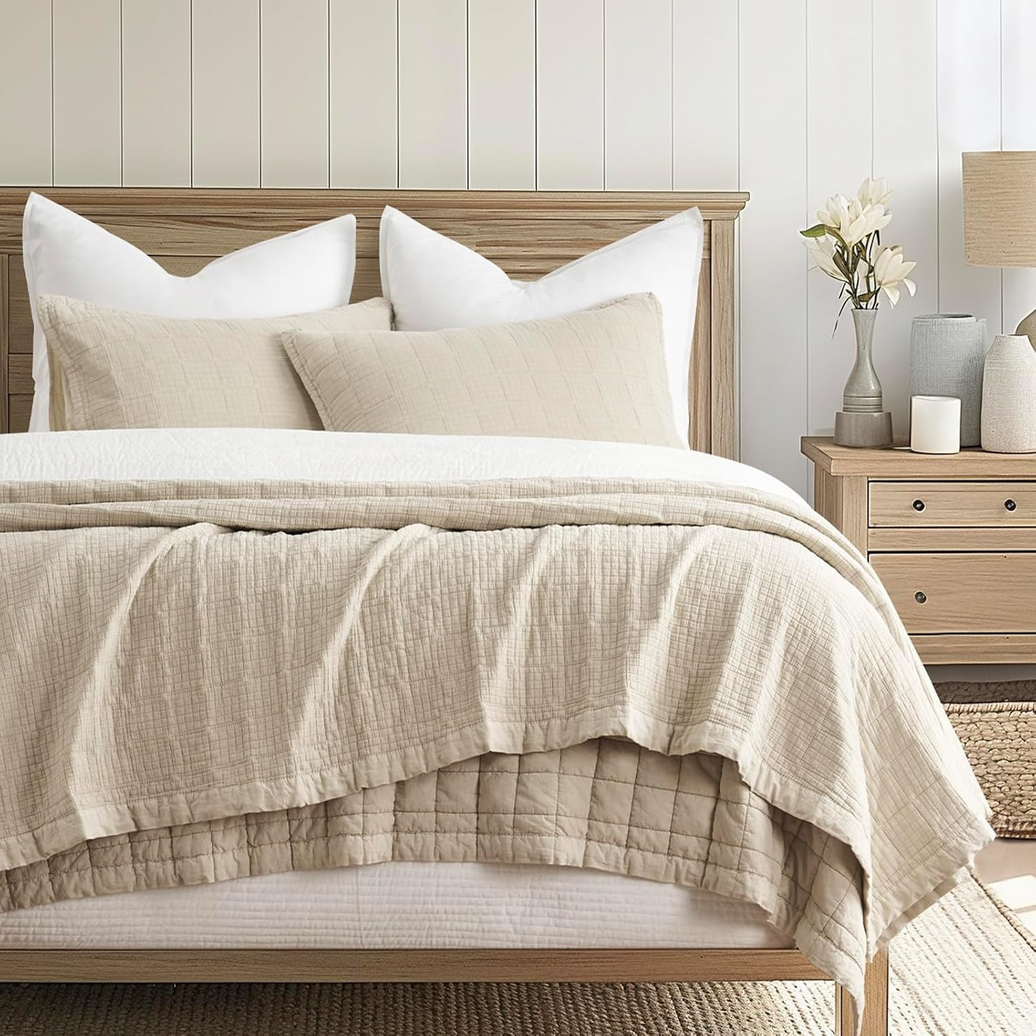 EVERGRACEHOME Stonewashed Cotton Quilt Set, King Size, Flax Beige | Amazon (US)