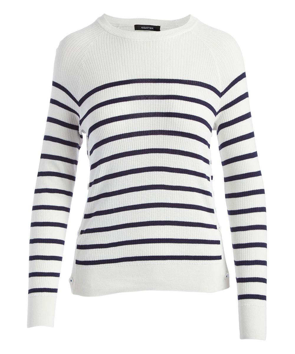 August Silk Women's Pullover Sweaters White - White /& Navy Stripe Crewneck Sweater - Women | Zulily