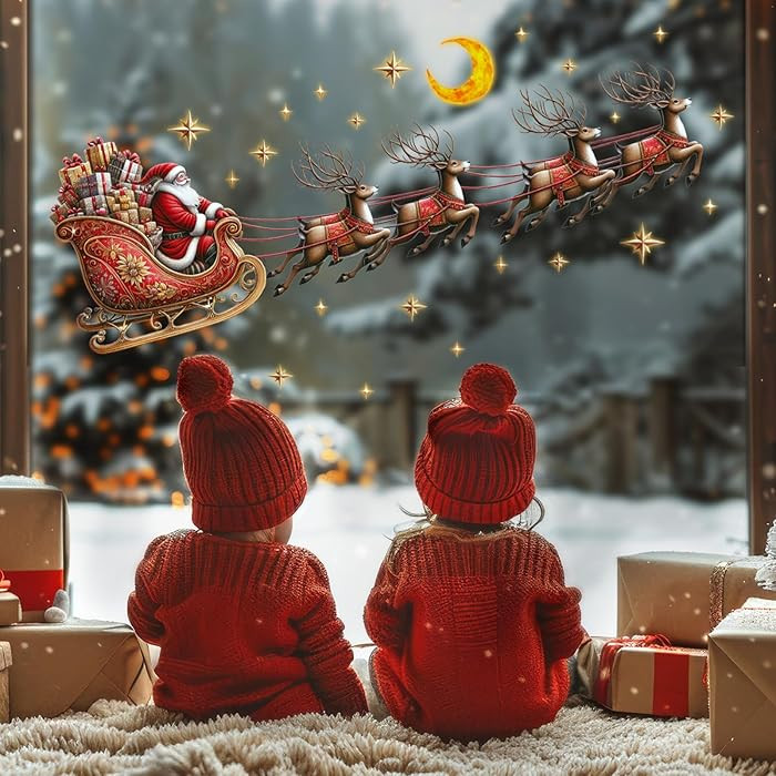 Christmas Window Clings Large Santa Reindeer Window Stickers Double-Side Glass Decals for Xmas Ho... | Amazon (US)