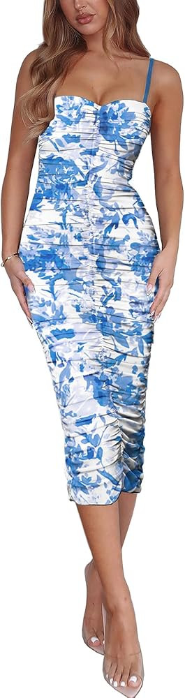 Women's 2026 Summer Floral Mesh Ruched Bodycon Dress Sexy Sleeveless Backless Cocktail Party Midi... | Amazon (US)