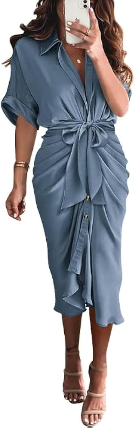 BTFBM Shirt Dresses for Women Spring Button Short Sleeve Silk Satin Ruched Maxi Summer Dress 2026... | Amazon (US)