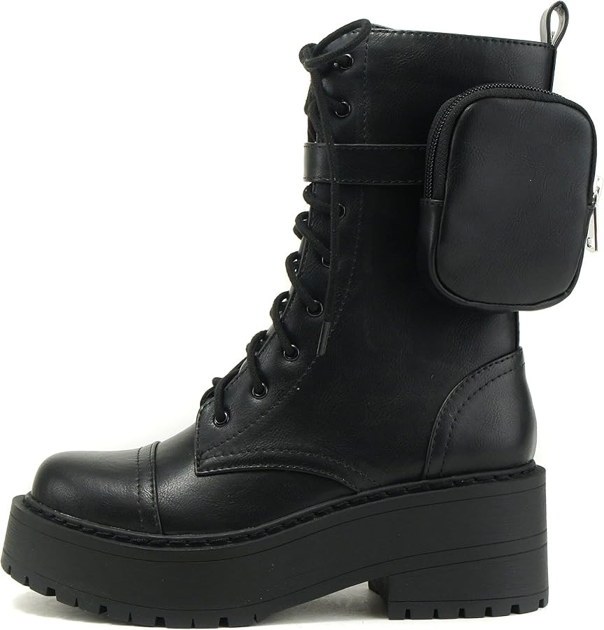 Soda LYDIA ~ Women Lug Sole Mid Shaft Chunky Heel Fashion Combat Boot W/SIDE ZIPPER | Amazon (US)