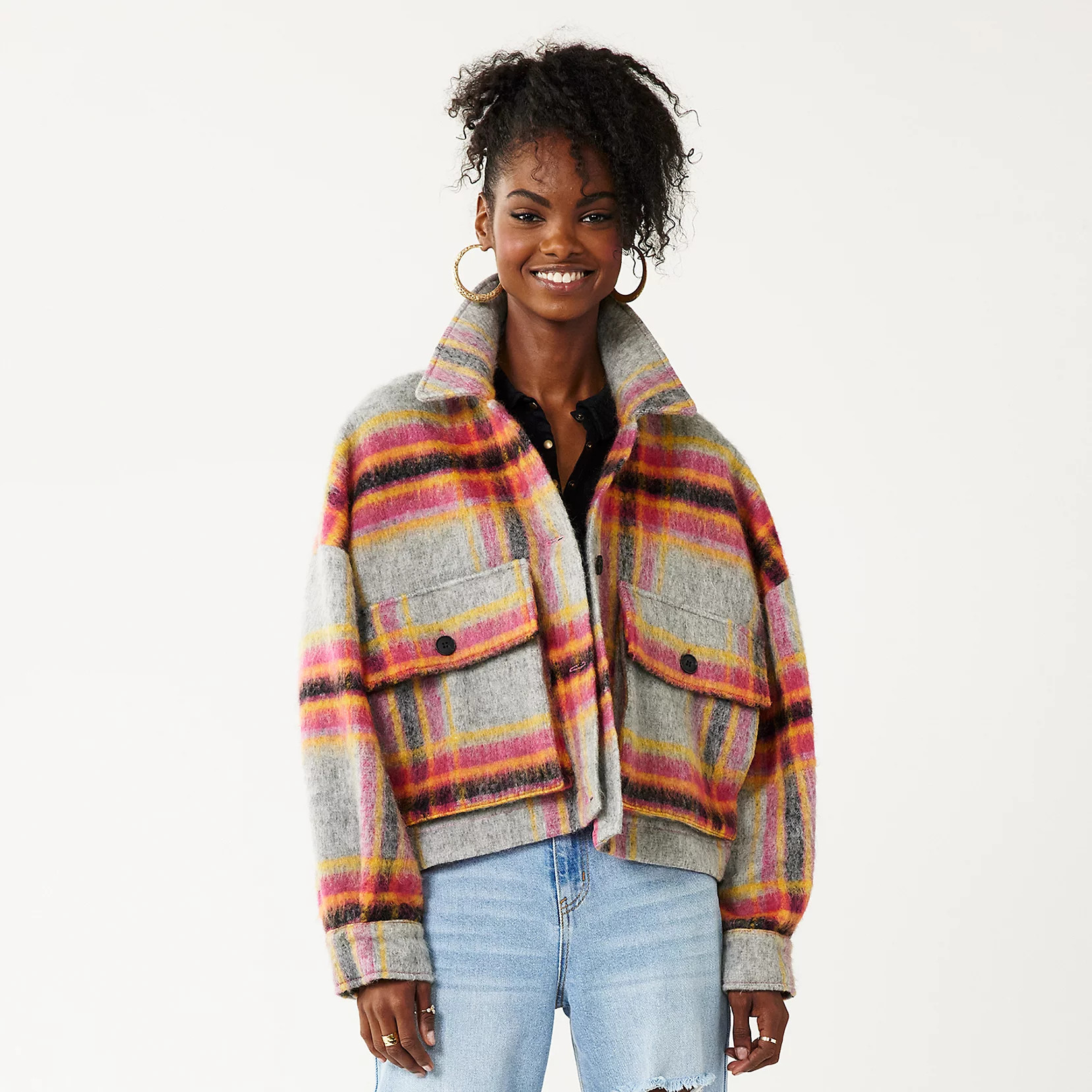 Juniors' SO® Cropped Plaid Shacket | Kohl's