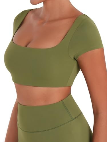 Sunzel Womens Short Sleeve Crop Top with Built in Bra Athletic Yoga T Shirt Casual Fitted Workout Gym Active Tee with Padding Olive Green X-Small | Amazon (US)
