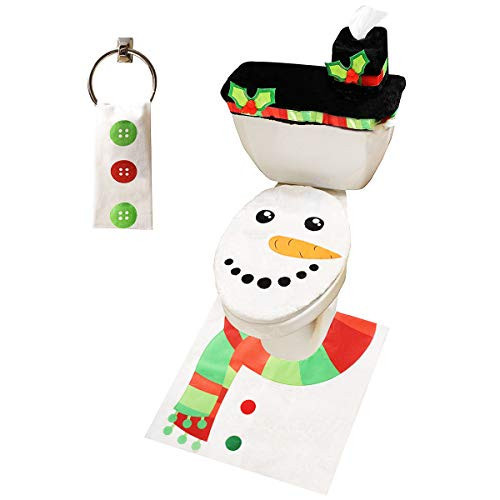 JOYIN 5 Pieces Christmas Snowman Theme Bathroom Decoration Set with Toilet Seat Cover, Rugs, Tank Cover, Toilet Paper Box Cover and Towel for Xmas Indoor Décor, Party Favors | Amazon (US)