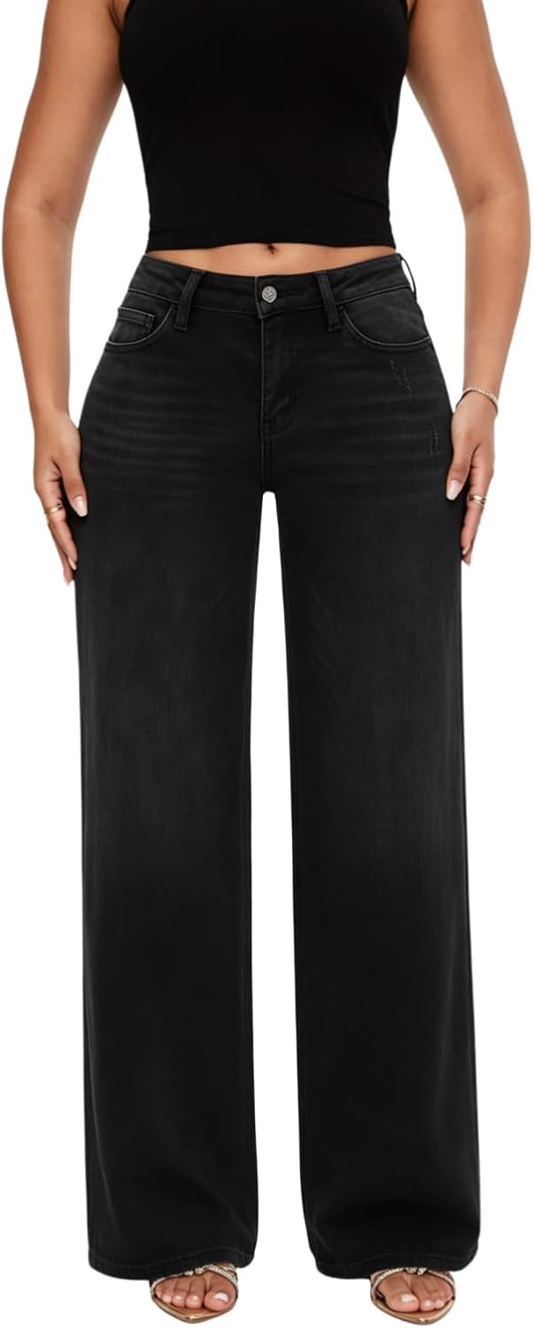 ONESO Wide Leg Jeans for Women Mid Low Rise Baggy Stretchy Denim Pants | Amazon (US)