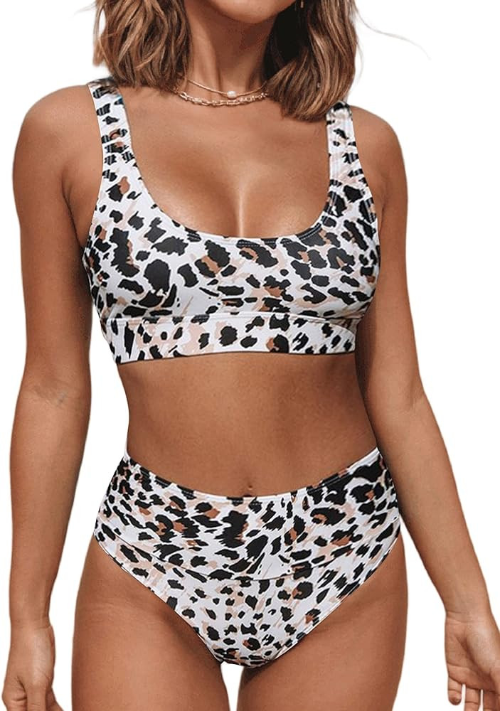 popvil Bikini Sets for Women High Waisted Bathing Suits Floral Print Scoop Neck 2 Piece Swimsuit | Amazon (US)