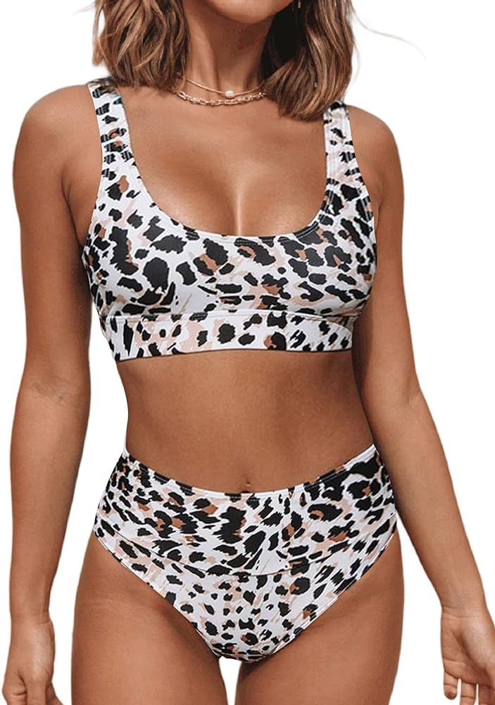 popvil Bikini Sets for Women High Waisted Bathing Suits Floral Print Scoop Neck 2 Piece Swimsuit | Amazon (US)