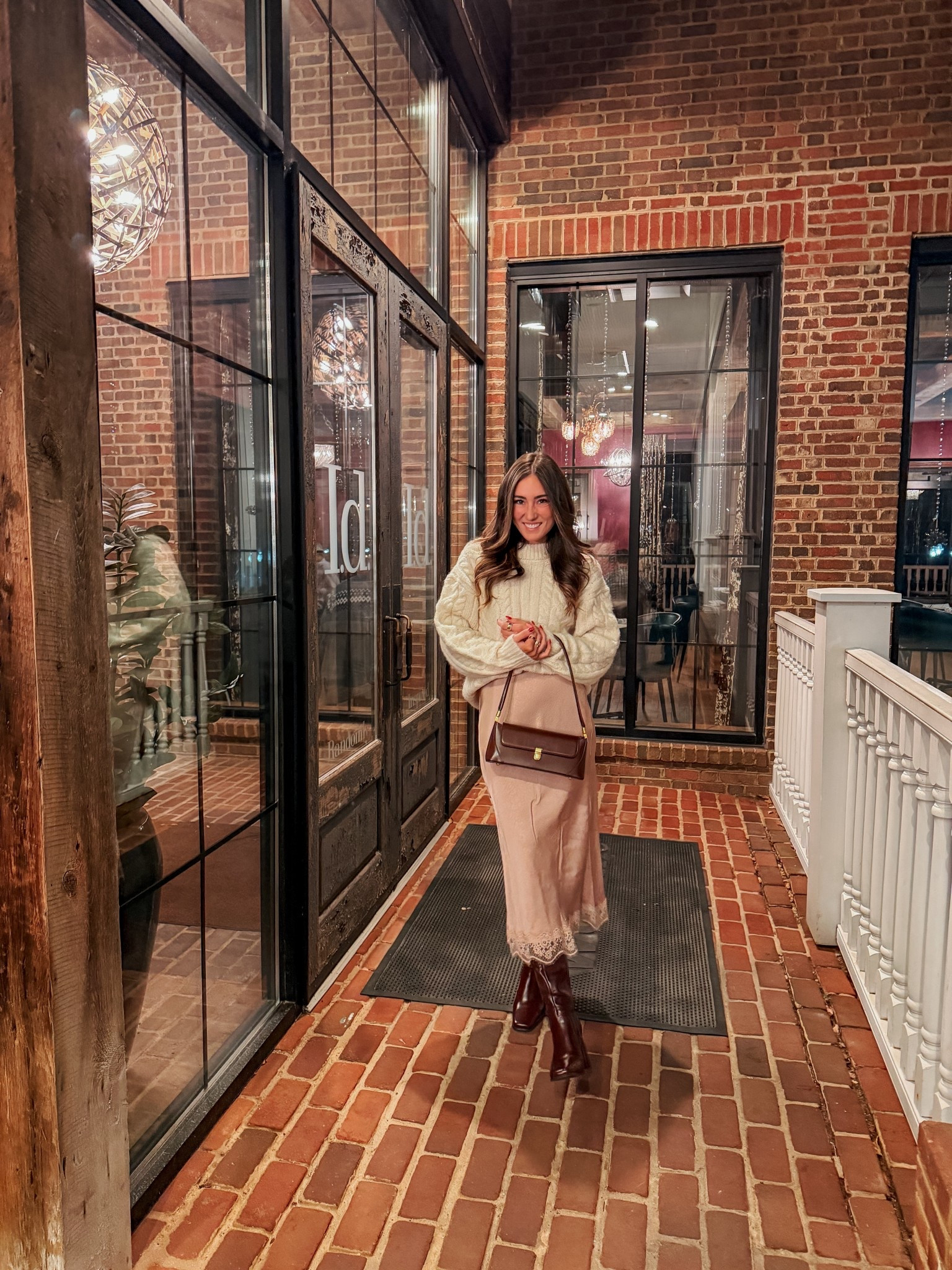 Trying my hand at this cable knit, satin skirt outfit with high boots. Loving it so far. 

Xs skirt and small sweater from target. Boots and purse from Amazon. 💗