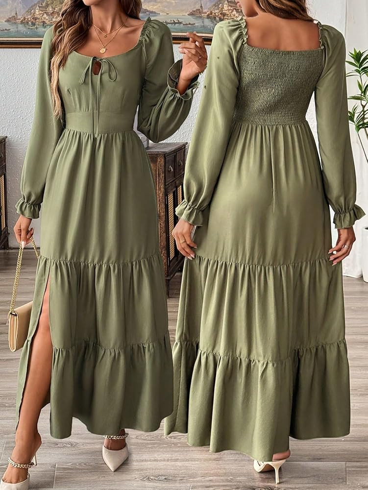 Vintage-Style Maxi Dress, Olive Green, Long Puff Sleeves, Ruffle Hem, Square Neck,Armay Green-S a... | Amazon (US)