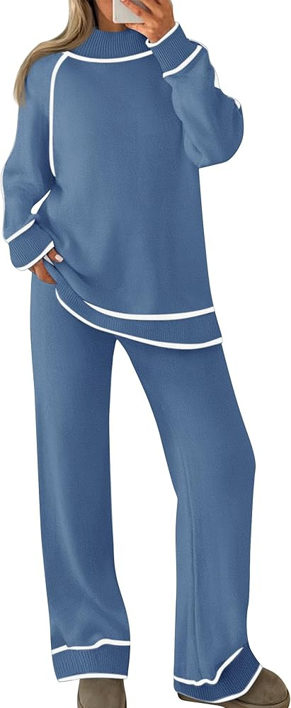 ZESICA Women's Two Piece Outfits Sweater Sets Long Sleeve Turtleneck Pullover Tops Wide Leg Pants... | Amazon (US)
