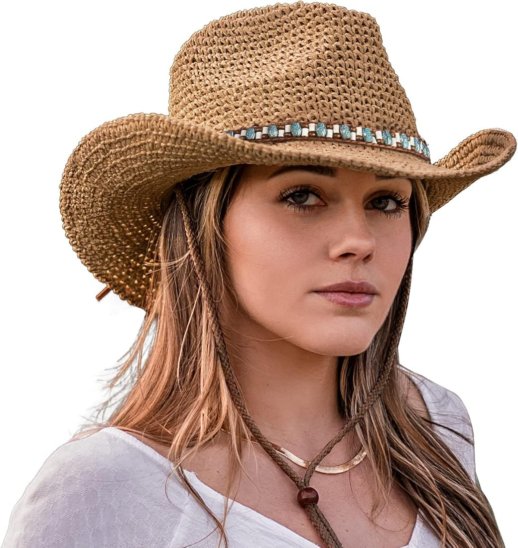 Straw Cowboy Hats for Women and Men, Western Cowgirl Straw Hat, Women Men Wide Birm Sun Summer Be... | Amazon (US)