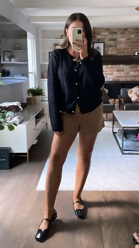 fall outfits for warmer weather.

Love these Mango shorts . The camel color is great for fall — you know, because it’s still 90 degrees 🙄

The cardigan is an Amazon find.  Wearing a medium. 

Shoes are Franco Sarto Mary Janes in the patent black leather. Fit TTS

#LTKshoecrush #LTKstyletip #LTKSeasonal