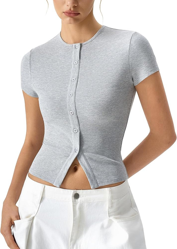 QINSEN Women's Crewneck Short Sleeve T Shirts Ribbed Button Going Out Trendy Tops | Amazon (US)