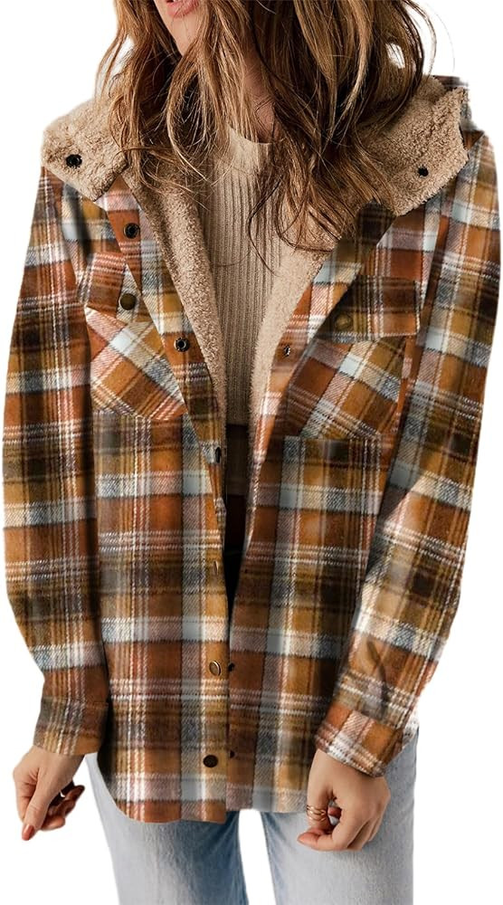 Dokotoo Womens Plaid Shacket Jacket Warm Fleece Hooded Jackets Winter Coats | Amazon (US)