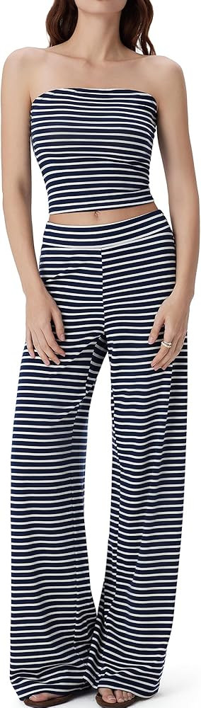 SUUKSESS Women 2 Piece Lounge Set Tube Top Wide Leg Pants Matching Sets Beach Vacation Outfits | Amazon (US)
