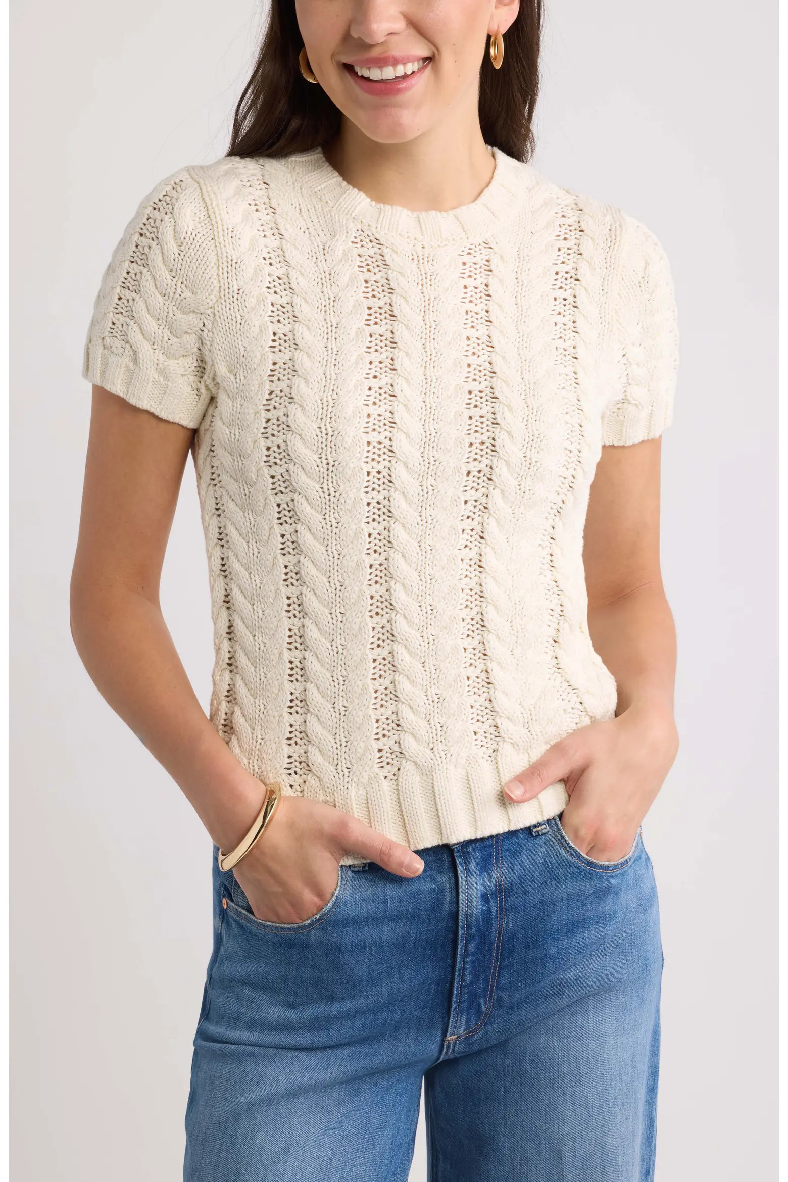 Caslon\u00ae Cable Stitch Short Sleeve Cotton Sweater (Women) | Nordstrom | Nordstrom