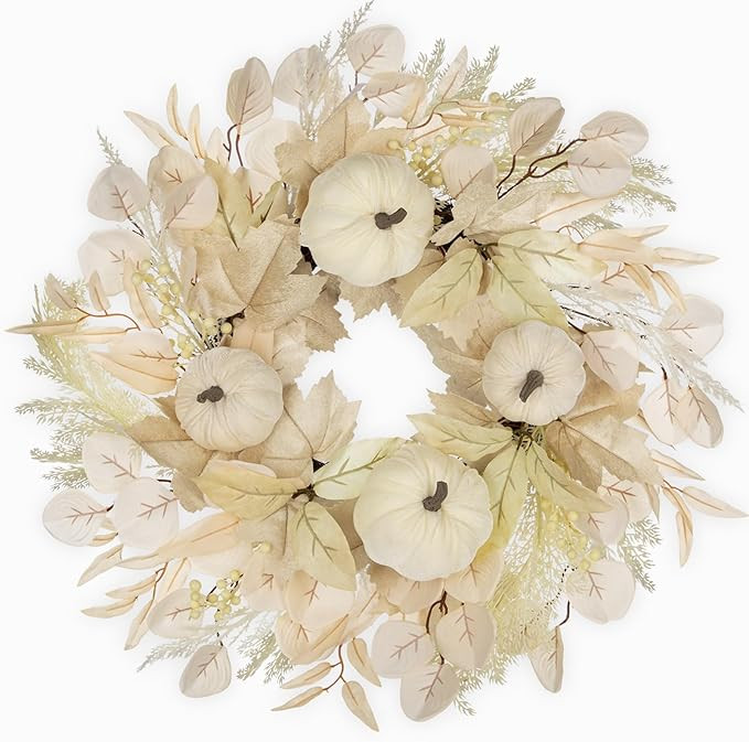 Briful 16'' Cream White Pumpkin Wreath for Fall – Rustic Autumn Front Door Wreath with Faux Lea... | Amazon (US)
