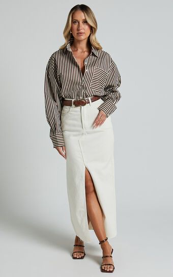 Jaycey Shirt - Long Sleeve Pocket Detail Shirt in Brown Stripe | Showpo (US, UK & Europe)