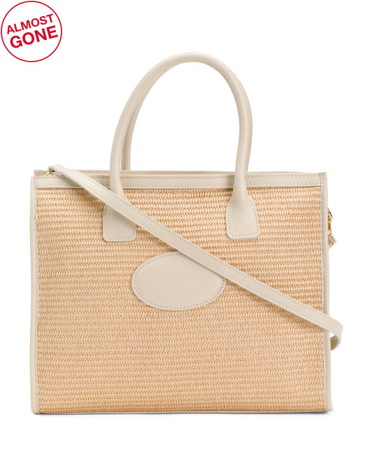 Made In Italy Leather Raffia Tote | TJ Maxx