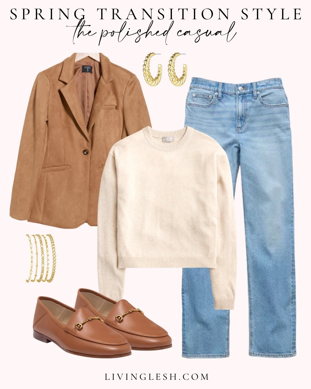 Spring outfit | spring transition outfit | spring style | casual style | cashmere sweater | straight leg jeans | blazer | loafers | gold jewelry 

#LTKSeasonal #LTKootd #LTKWorkwear