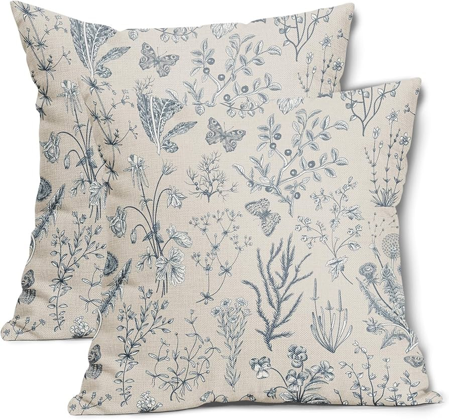 Spring Dusty Blue Floral Pillow Covers 18x18 Inch Vintage Wild Flower Herbs Plant Butterfly Decor... | Amazon (US)