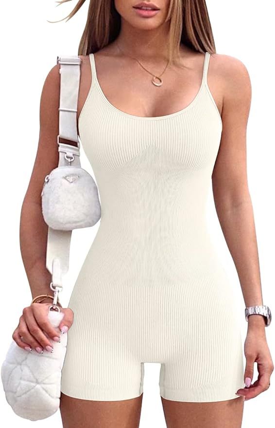 OQQ Women's Yoga Rompers One Piece Ribbed Spaghetti Strap Exercise Romper | Amazon (US)