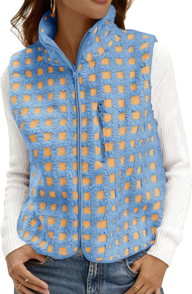 Tankaneo Womens Checkered Sherpa Vest Fleece Fuzzy Zip Up Sleeveless Jacket Casual 2025 Winter Wa... | Amazon (US)