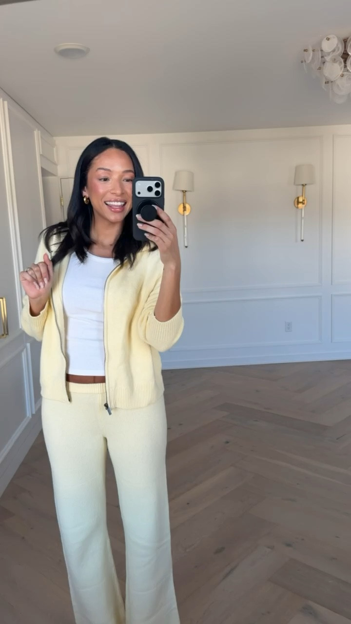 Spring outfit on SALE! Wearing size S white tank, size M sweater pants (have an elastic waist) and size L zip up jacket (exact color is OOS but I've linked similar) 💛 This set is so fun, comfortable, and perfect for spring! 

spring outfit, spring fashion, spring style, loungewear, work from home outfit, travel outfit, airport outfit, mom outfit, postpartum outfit

#LTKSeasonal #LTKSaleAlert #LTKmomlife