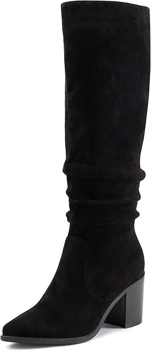 Athlefit Womens Knee High Chunky Heel Boots Faux Suede Pointed Toe Side Zipper Boots | Amazon (US)