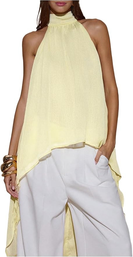 BEAUDRM Women's Y2K Chiffon Asymmetrical Tops Flowy Halter Going Out Tops Sleeveless Fall Spring ... | Amazon (US)