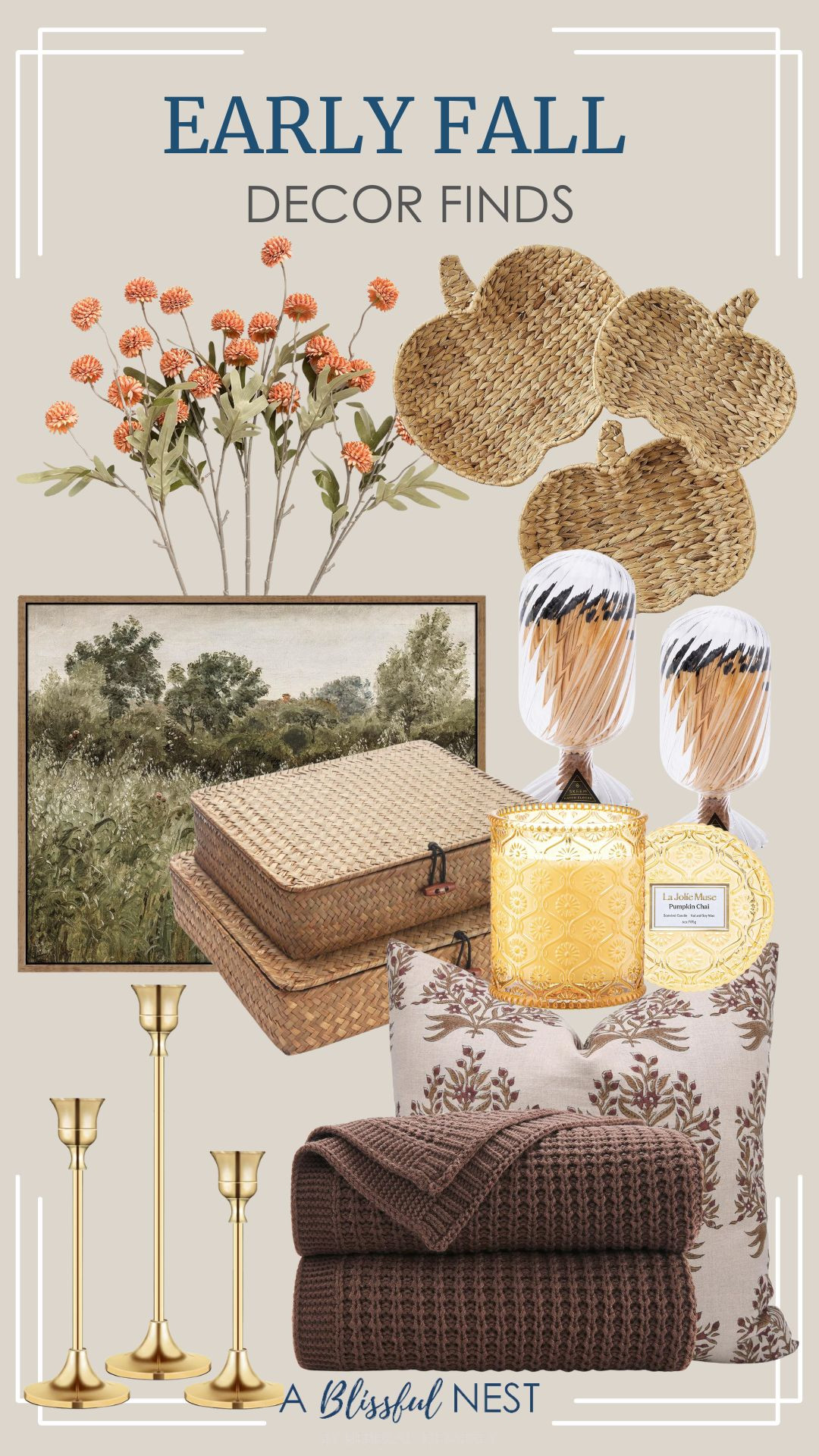 If you love decorating for the seasons, these early fall finds are too good to miss. Shop now.

Match cloche with striker, linen brown throw pillow, brown throw blanket, candlestick gold holders, seagrass storage basket box, pumpkin chai scented candle, art framed canvas wall art, woven pumpkin bowl set, pompon mum artificial flower. 

 #LTKSeasonal #LTKHome