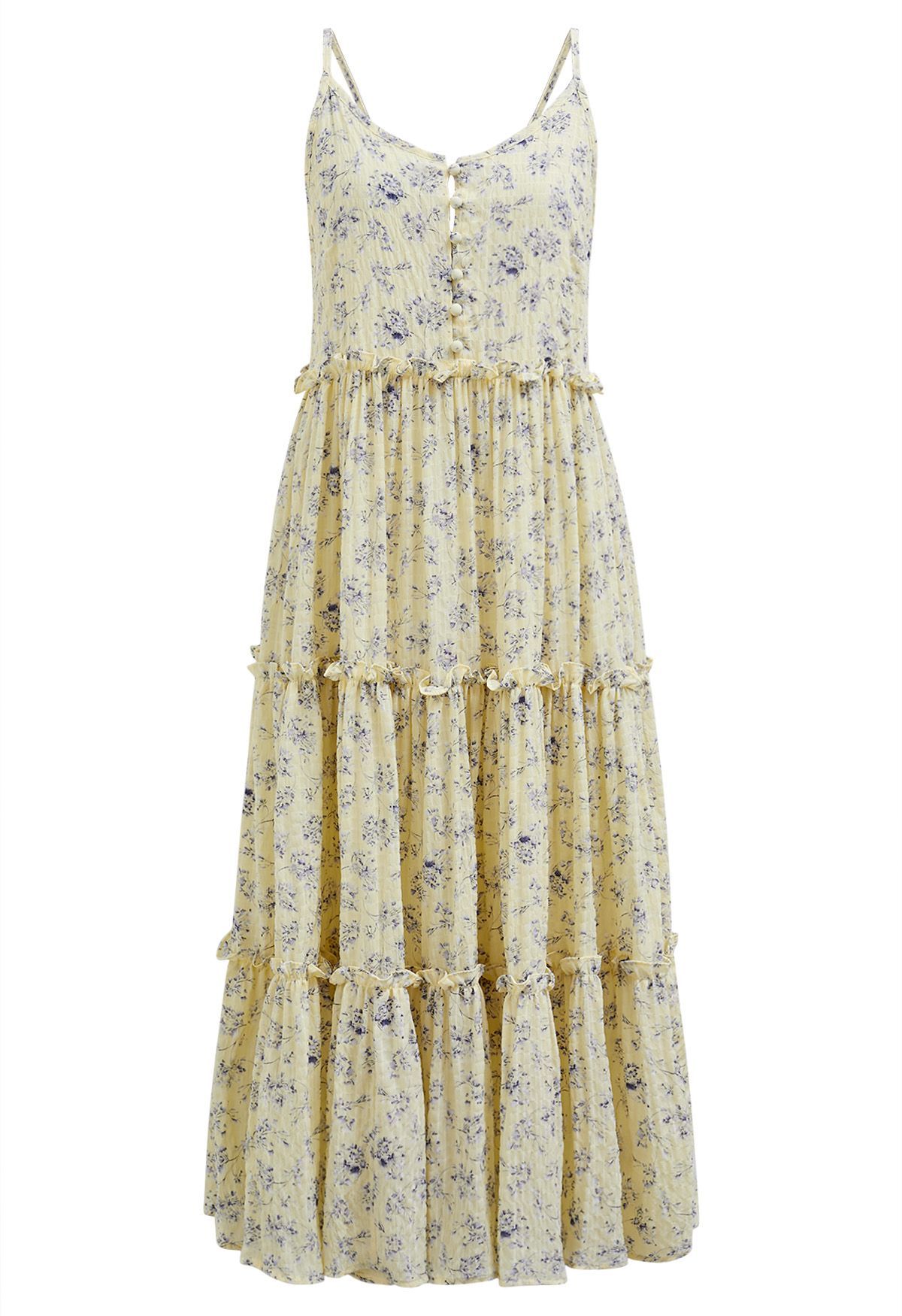 Floral Front Buttoned Ruffled Trim Cami Midi Dress in Light Yellow | Chicwish