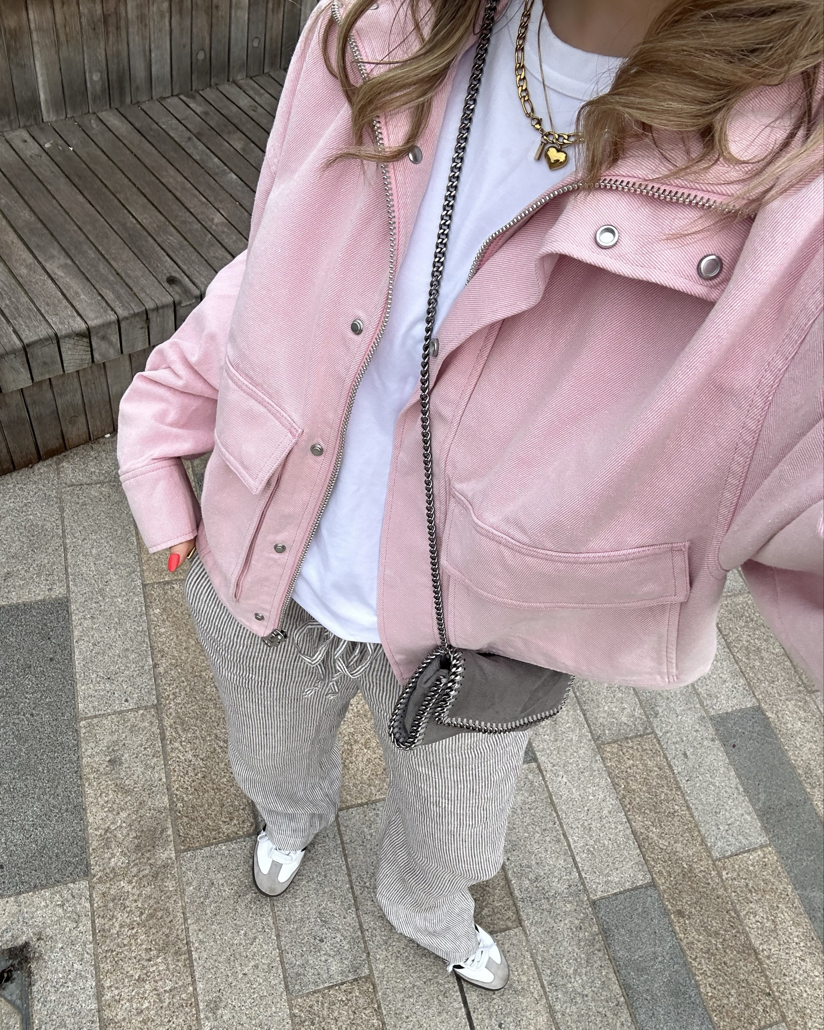 pink cropped jacket free people, striped linen trouser H&M, white basic tee tshirt uniqlo, white samba, Abercrombie & fitch, grey Stella McCartney cross body bag, spring outfits, summer outfits, 

#LTKworkwear #LTKSeasonal #LTKstyletip