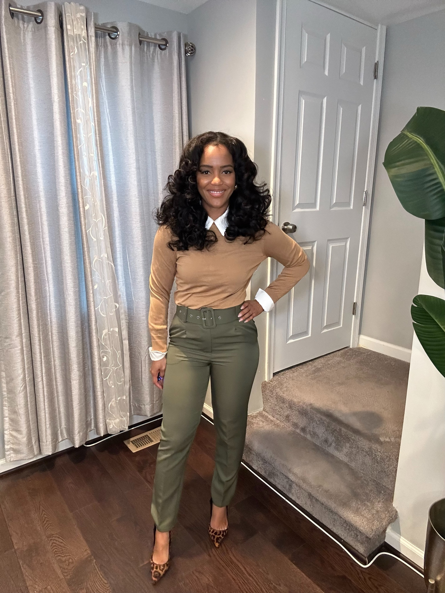 Camel, White, and Army Green is a great color combination that blends warmth and coolness effortlessly. Pair a camel sweater with a white blouse and army green trousers for a chic, layered look. Finish the look with leopard print heels for a cohesive autumnal vibe.
#camelsweater #whitetop #greenpants

#LTKWorkwear