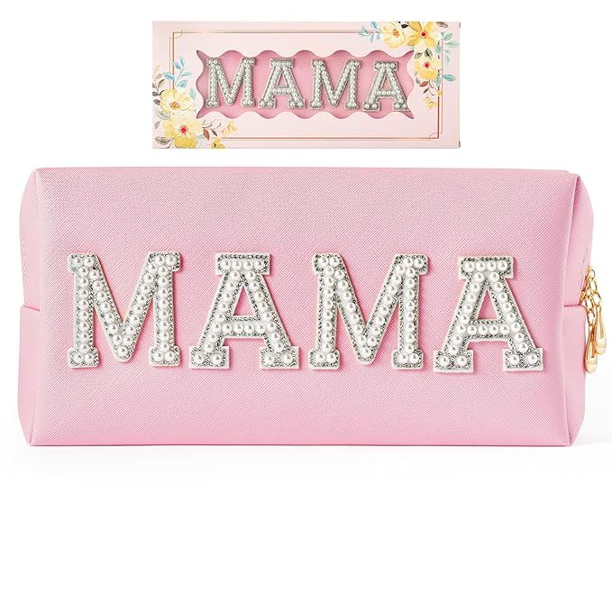 Y1tvei Preppy Patch MAMA Pearl Rhinestone Letter Cosmetic Toiletry Bag PU Leather Portable Makeup... | Amazon (US)