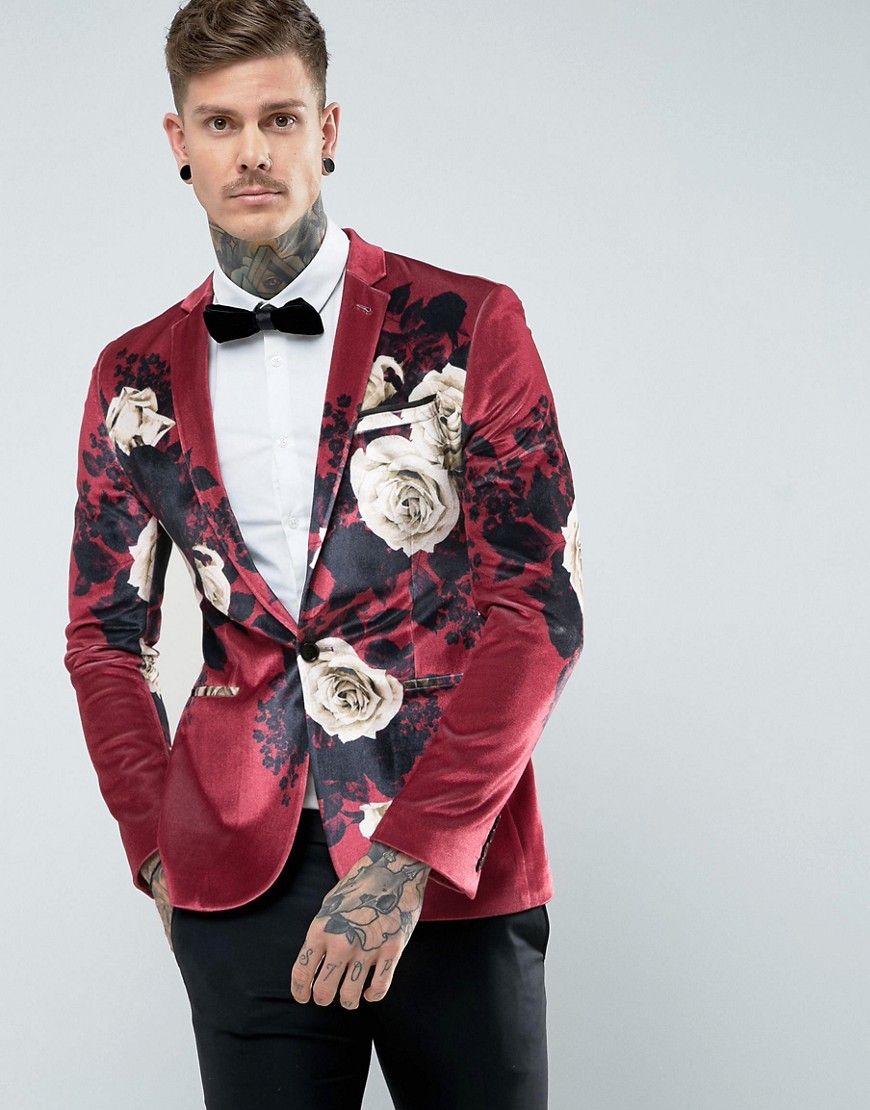 ASOS Super Skinny Blazer In Burgundy Velvet With Floral Print - Red | ASOS US