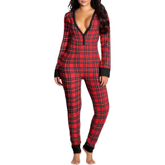 CBR Christmas Holiday Plaid Butt Button Flap Jumpsuit Romper Pajamas Women's S | Poshmark