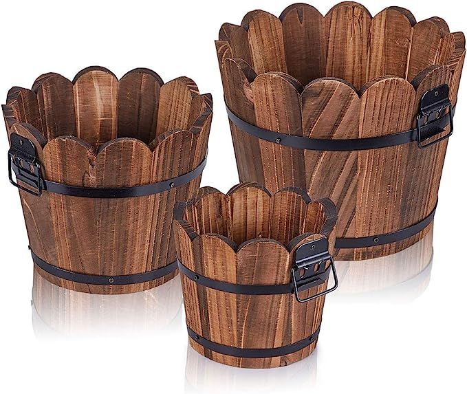 Wooden Bucket Barrel Planters, Rustic Patio Planters Flower Pots for Plants Garden Outdoor Indoor... | Amazon (US)