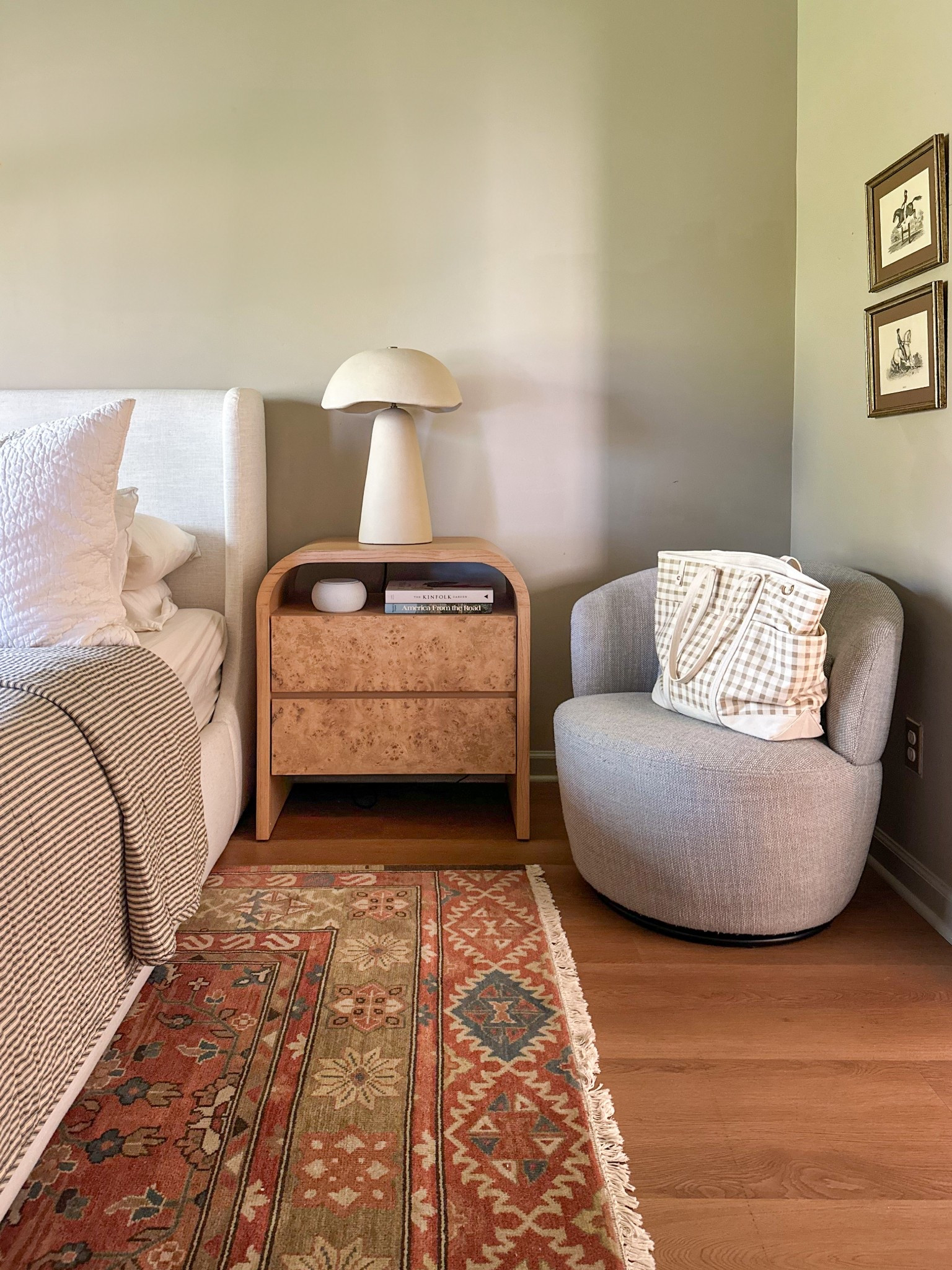 Primary bedroom upholstered bed, Burl arched nightstands, swivel chair and gingham tote bag 

#LTKFamily #LTKHome #LTKStyleTip