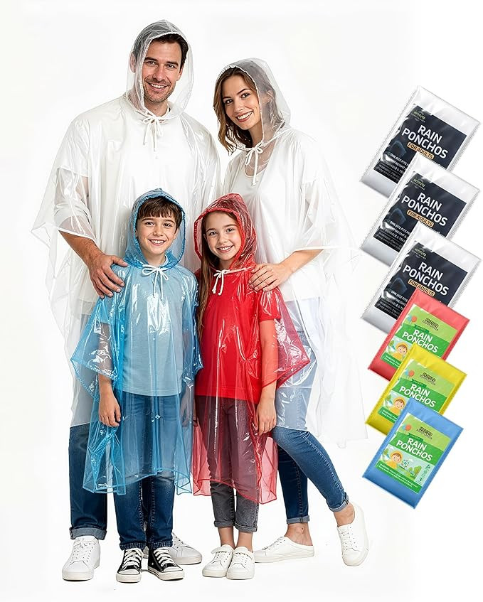 Hitituto Rain Ponchos Family Pack Kids– 6/12/24 Pack Disposable Poncho with Hood, Clear & Assor... | Amazon (US)